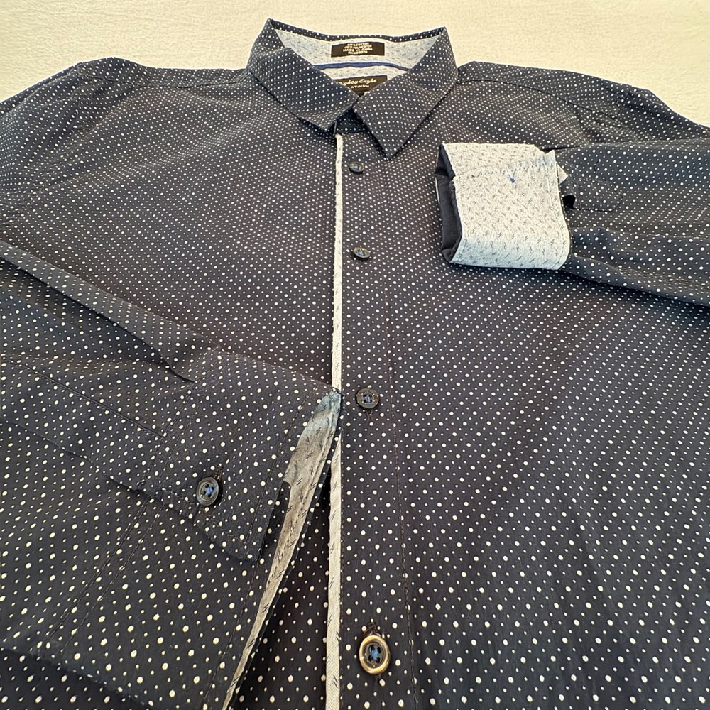 Eighty Eight Platinum Mens XXL Dress Shirt Navy Blue White Polka Dot Long Sleeve - Picture 3 of 12